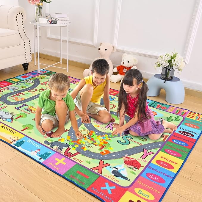 Terrug Kids Rugs for Playroom, Educational Classroom Rug for Kids Room, Washable Nursery Rug Carpet Non Slip Playroom Rug Play Mat for Learning ABC Rug, Numbers, Animal, Colors, Season, 3X5 Feet
