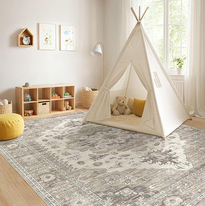 Washable Area Rugs for Living Room - 5x7 Neutral Vintage Distressed Floral Farmhouse Boho Large Soft Floor Rug Indoor Non Slip Carpet for Living Room Bedroom Dining Room Office -Brown/Beige
