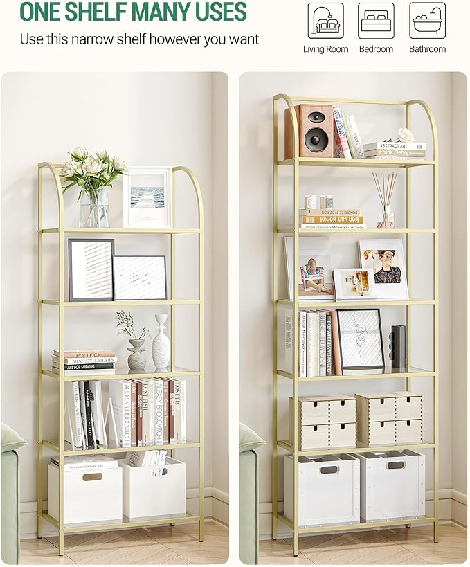 Bookcase Bookshelf, Tempered Glass Arched Bookshelf for More Storage, Slim Shelving Unit for Bedroom, Bathroom, Home Office, Steel Frame, Wide 5 Tier Gold BC22599G