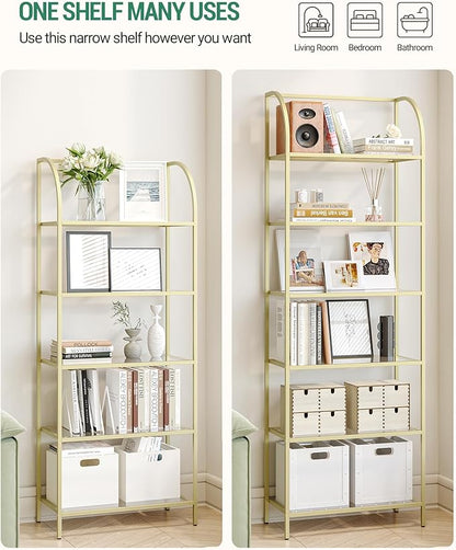 Bookcase Bookshelf, Tempered Glass Arched Bookshelf for More Storage, Slim Shelving Unit for Bedroom, Bathroom, Home Office, Steel Frame, Wide 6 Tier Gold BC22699G