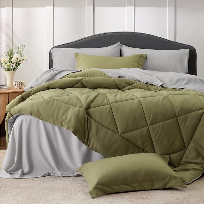Bedsure Olive Green Full Size Comforter Set - 7 Pieces Reversible Full Bed in a Bag Full Bed Set with Comforters, Sheets, Pillowcases & Shams, Full Bedding Sets