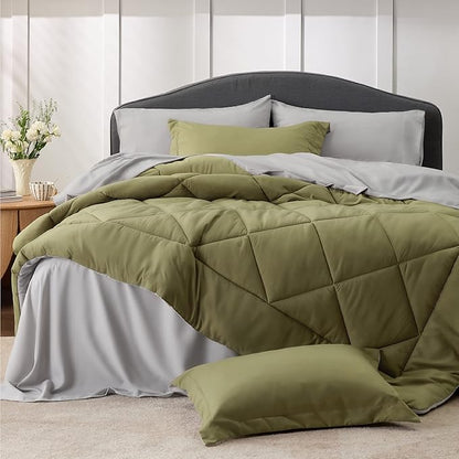 Bedsure Olive Green King Size Comforter Set - 7 Pieces Reversible King Bed in a Bag King Bed Set with Comforters, Sheets, Pillowcases & Shams, King Bedding Sets