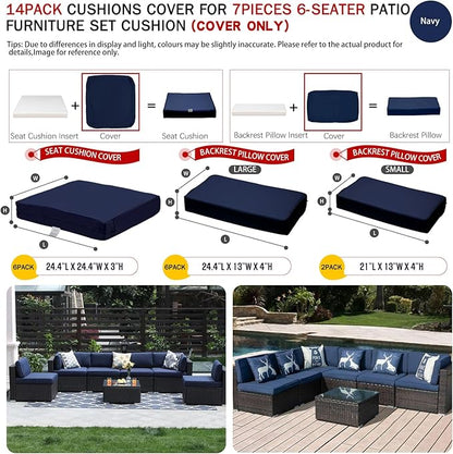 ClawsCover 14Pack Outdoor Patio Seat and Back Cushions Replacement Covers Fit for 7Pieces 6-Seater Wicker Rattan Sectional Couch Chair Furniture Set,Navy-Include Cover Only (Small)