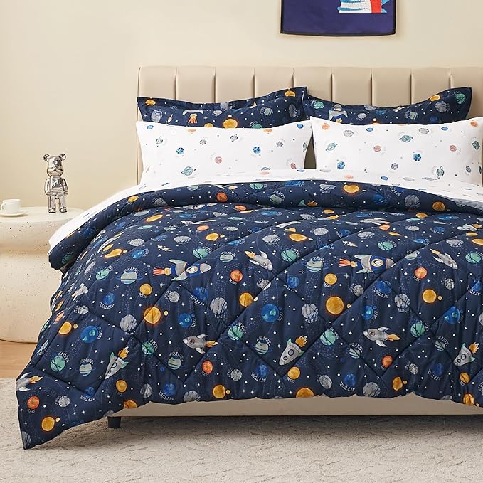 Twin Size Space Kids Bedding Set for Girls, 7 Pieces Super Soft Lightweight Microfiber Comforter Set with Sheets, Bed in a Bag, Durable Children Bed Set