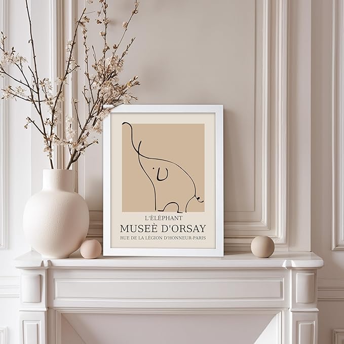 Poster Master Vintage Poster - Retro Minimalist Print - Gift for Artist, Housewarming - Elephant, Line Drawing, Sketch, Abstract - Wall Decor for Living Room, Bedroom, 11x14 White Framed