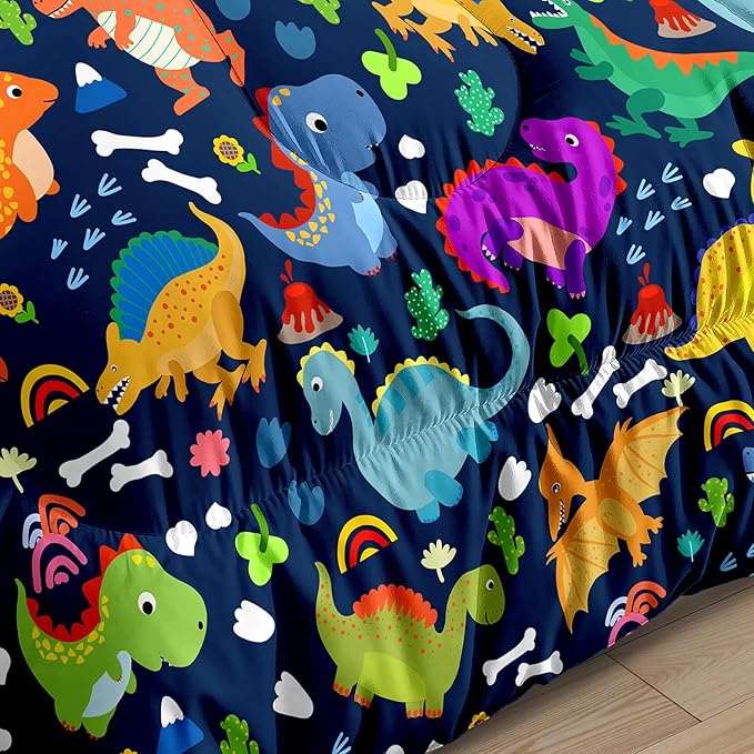 Dinosaur Comforter Set Twin - Cartoon Dinosaur Twin Bedding Set for Boys Kids Twin Size Comforter Set for Boys Soft Breathable Blue Dino Quilt Kids Bedding Set, 1 Comforter 1 Pillowcase