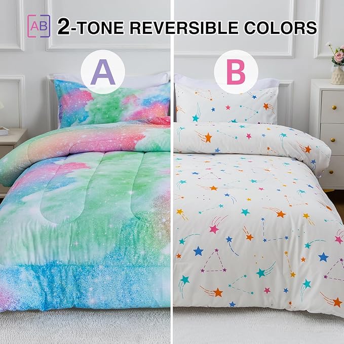 A Nice Night Galaxy Bedding Sets Outer Space Comforter 3D Printed Space Quilt Set Full Size Glitter Pink Green Color,for Children Boy Girl Teen Kids