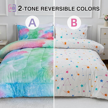 A Nice Night Galaxy Bedding Sets Outer Space Comforter 3D Printed Space Quilt Set Twin Size Glitter Pink Green Color,for Children Boy Girl Teen Kids