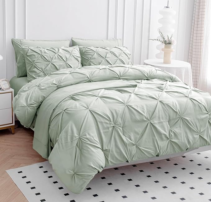 LANE LINEN King Size Comforter Set, 7 Piece Bed in a Bag King Size Set, Pintuck King Bed Set, Soft King Bedding Set, Pinch Pleated King Size Comforter Set with Sheets, Pillowcases & Shams - Mineral