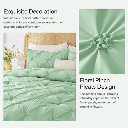 BEDELITE Green Queen Comforter Set - 3 Pieces Boho Pintuck Bedding Comforter Sets, Lightweight Soft & Warm Bed Comforter Queen with 2 Pillowcases for All Season