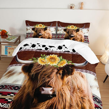 HOSIMA Highland Cow Decor Comforter with 2 Pillowcases,Animal Theme Western Bedding Sets,Brown Cowhide Black White Cow Print Comforter Set,Sunflower Twin Bed in a Bag Sets for Adults Kids.