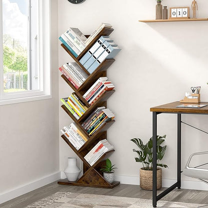 Topfurny Tree Bookshelf, 9-Tier Shelf Rustic Brown Bookcase, Retro Wood Storage Rack for CDs/Movies/Books, Anti-Fall Utility Organizer Shelves for Living Room, Bedroom, Home Office, Rustic