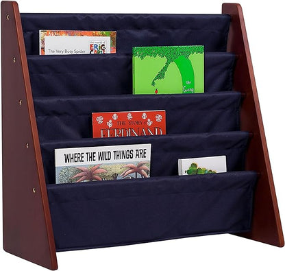 Wildkin Kids Canvas Sling Bookshelf for Boys and Girls, Wooden Design Features Four Fabric Shelves, Keep Bedrooms, Playrooms, and Classrooms Organized, Measures 25 x 24 x 11 Inches (Cherry w/ Blue)