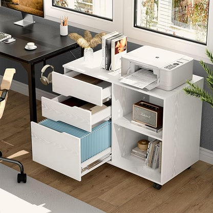 OLIXIS 3 Drawer File Cabinet Lateral Printer Stand with Adjustable Storage Shelves for Home Office Small Space, White