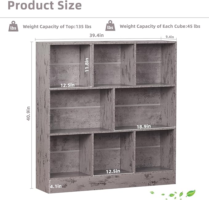 LEYAOYAO 8 Cube Bookshelf with Base,3 Tier Mid-Century Modern Grey Bookcase,Standing Wide Bookshelves Storage Organizer Shelf,Rustic Wood Display Cabinet Book Shelves for Bedroom,Living Room,Office