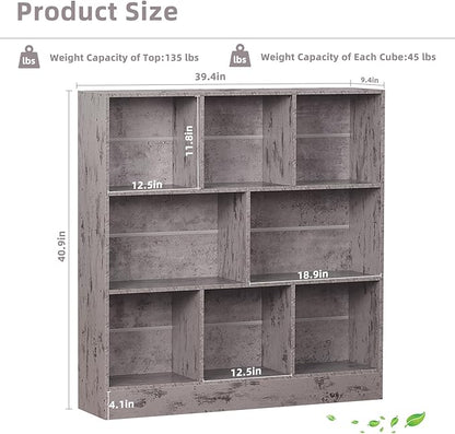 LEYAOYAO 8 Cube Bookshelf with Base,3 Tier Mid-Century Modern Grey Bookcase,Standing Wide Bookshelves Storage Organizer Shelf,Rustic Wood Display Cabinet Book Shelves for Bedroom,Living Room,Office
