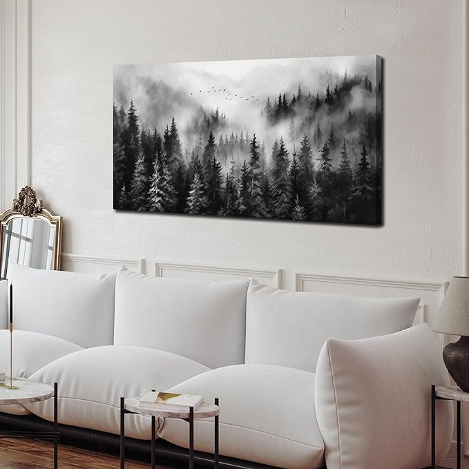 Foggy Forest Wall Art for Living Room,Black and White Pictures for Wall,Tree Wall Decor for Bedroom 20 x 40 Inch