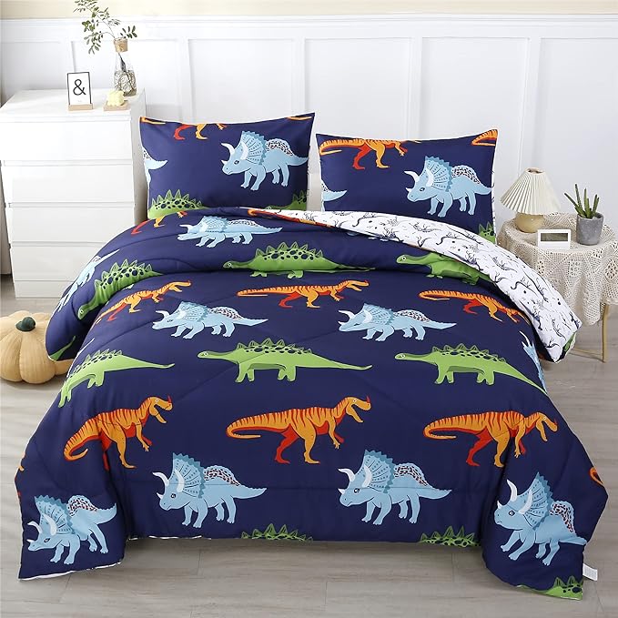 RYNGHIPY Cartoon Dinosaur Comforter Set, Dark Blue Dinosaur Kids Bedding Set for Boys, Dinosaurs Print Comforter Sets for Kids/Toddlers/Teens (Dinosaur,Queen)