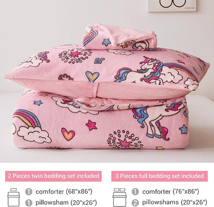 Mooreeke Glow in The Dark Full Plush Fleece Comforter Bed Set, Soft & Warm 3 Piece Bed in A Bag with Sham, Velour Velvet Pink Unicorn Girls Kids Bedding Set, Fluffy Fuzzy Polar Cozy and Stylish