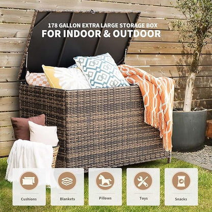 MEISSALIVVE 178 Gallon Outdoor Storage Box, Handle Large Portable Wicker Rattan Deck Box for Patio Furniture Cushions, Patio Deck Box with 2 WheelsThrow Pillows, Garden Tools and Pool Floats (Brown)
