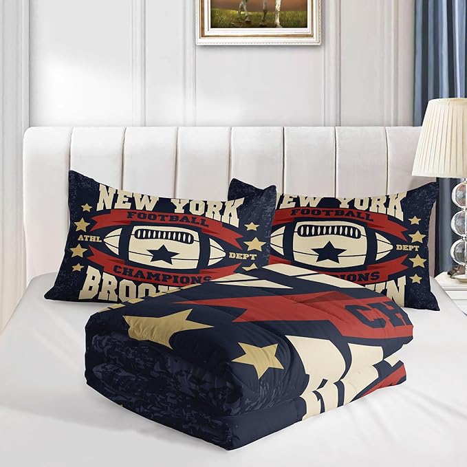 Datura home Football Comforter Sets for Boys Kids,Red Blue Theme Beige Football Championship,Duvet 3Pcs in Quilt Sets with 1 Comforter and 2 Pillowcases All Season(Red Queen)