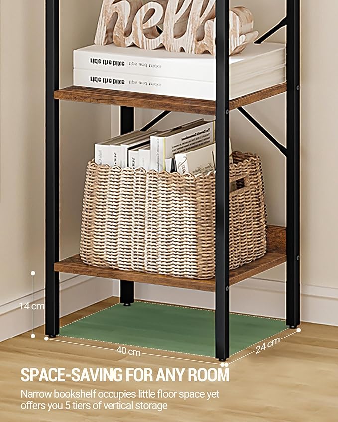 Bookshelf, Book Shelf, Industrial Bookcase with 2 Hooks, Coner Shelf Storage Organizer for Home Office, Living Room, Bedroom, Kitchen, 5-Tier Rustic Brown BC10501B