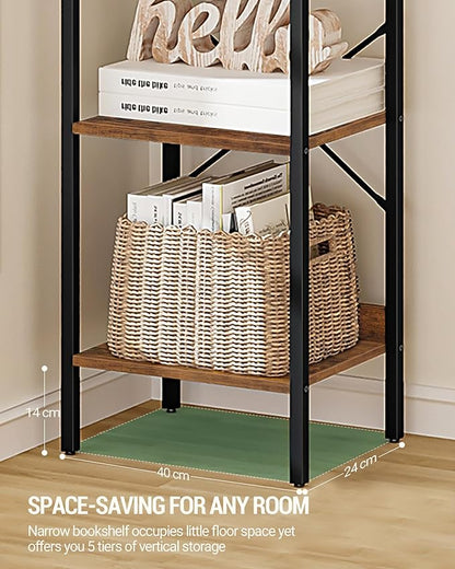Bookshelf, Book Shelf, Industrial Bookcase with 2 Hooks, Coner Shelf Storage Organizer for Home Office, Living Room, Bedroom, Kitchen, 5-Tier Rustic Brown BC10501B
