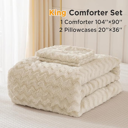 Andency Fleece Beige Comforter Set King, 3 Pieces Fuzzy Plush Faux Fur Bedding Comforter, Fluffy Shaggy Warm Sherpa Bed Set for Winter (104x90Inch Comforter)