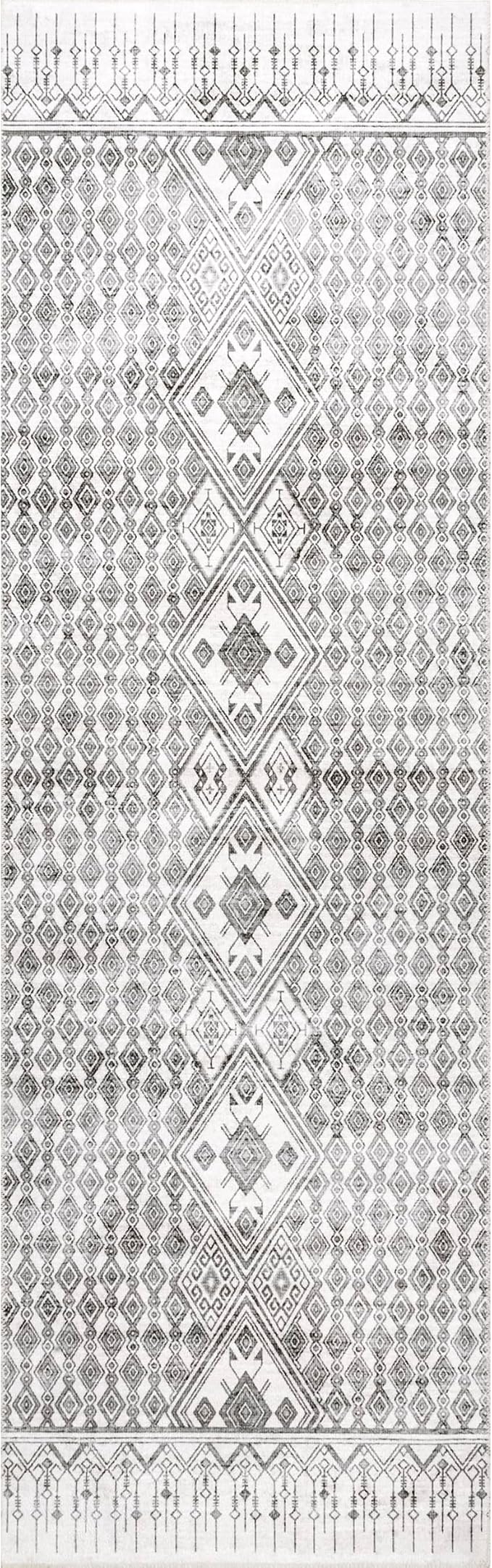 nuLOOM Hettie Transitional Tribal Machine Washable Ultra Thin Runner Rug, 2' 6" x 8', Light Grey