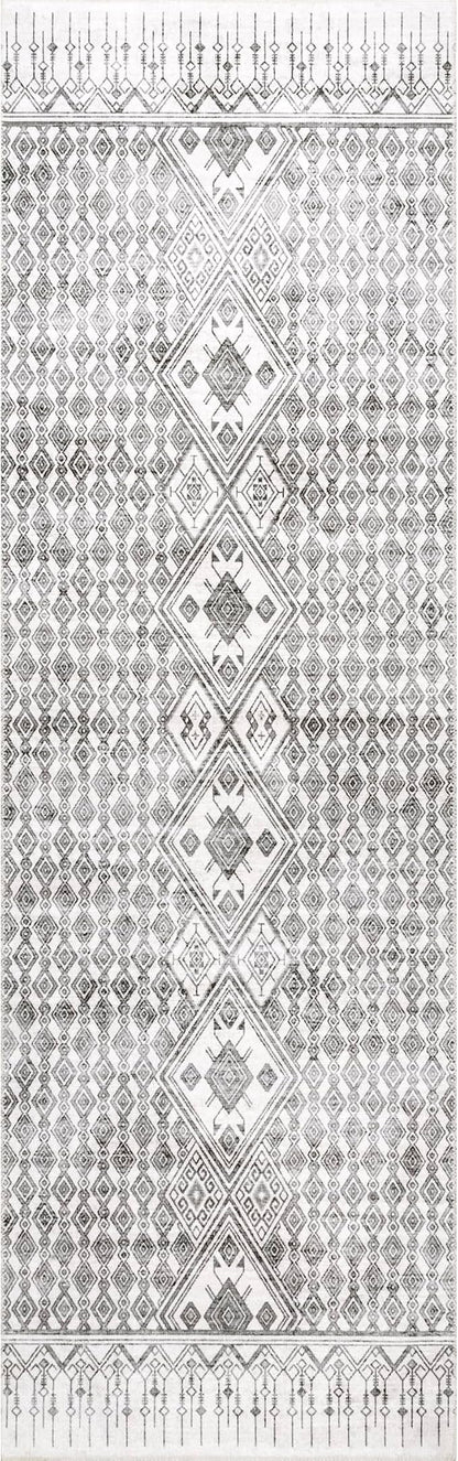 nuLOOM Hettie Transitional Tribal Machine Washable Ultra Thin Runner Rug, 2' 6" x 8', Light Grey