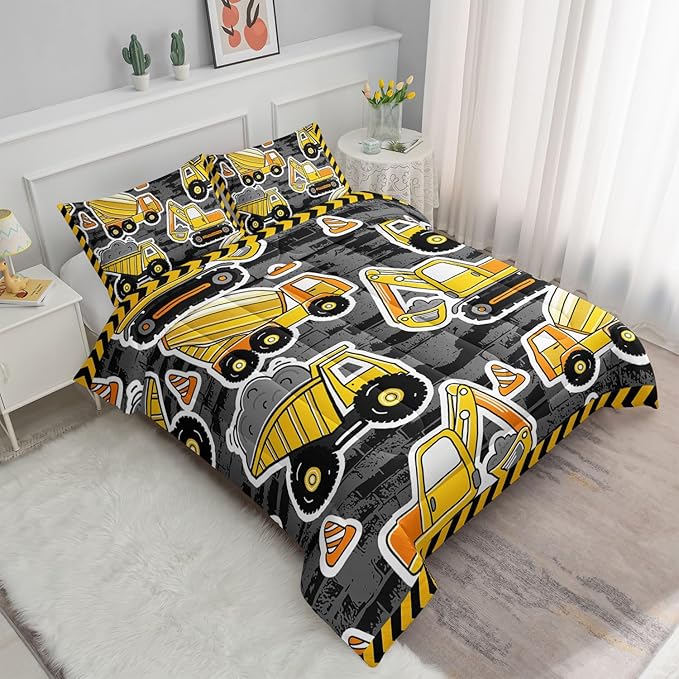 Datura home Kids Construction Truck Comforter Set for Boys Kids,Excavators Truck Machinery Vehicles Tractor Printed Bedding Set with 1 Comforter and 2 Pillowcases(Truck Yellow Full), Full 80x90inches