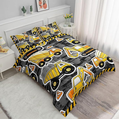 Datura home Kids Construction Truck Comforter Set for Boys Kids,Excavators Truck Machinery Vehicles Tractor Printed Bedding Set with 1 Comforter and 2 Pillowcases(Truck Yellow Full), Full 80x90inches