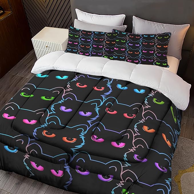 Sunnycitron Cartoon Cat Bedding Cute Cat Comforter Twin Black Cat Comforter set Gradient Line Cat Quilt 3D Neon Cat Bed set Black Cat Bedding set for Teens Kids Boys Girls Adults