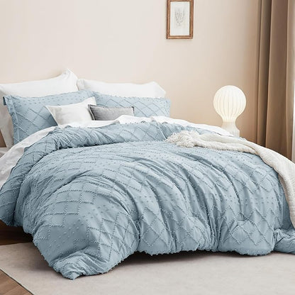Bedsure Full Size Comforter Set - Dusty Blue Comforter, Boho Tufted Shabby Chic Bedding Comforter Set, 3 Pieces Farmhouse Bed Set for All Seasons, Fluffy Soft Bedding Set with 2 Pillow Shams