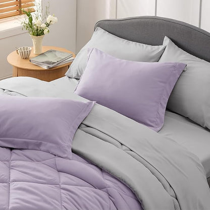 Bedsure Light Purple Full Size Comforter Set - 7 Pieces Reversible Full Bed in a Bag, Full Bed Set Light Purple and Grey with Comforters, Sheets, Pillowcases & Shams