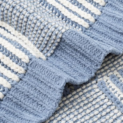 Amélie Home Chenille Knit Throw Blanket for Couch, Checkered Texture Decorative Soft Blanket for Sofa, Bed & Living Room, 50"x60", Blue & White