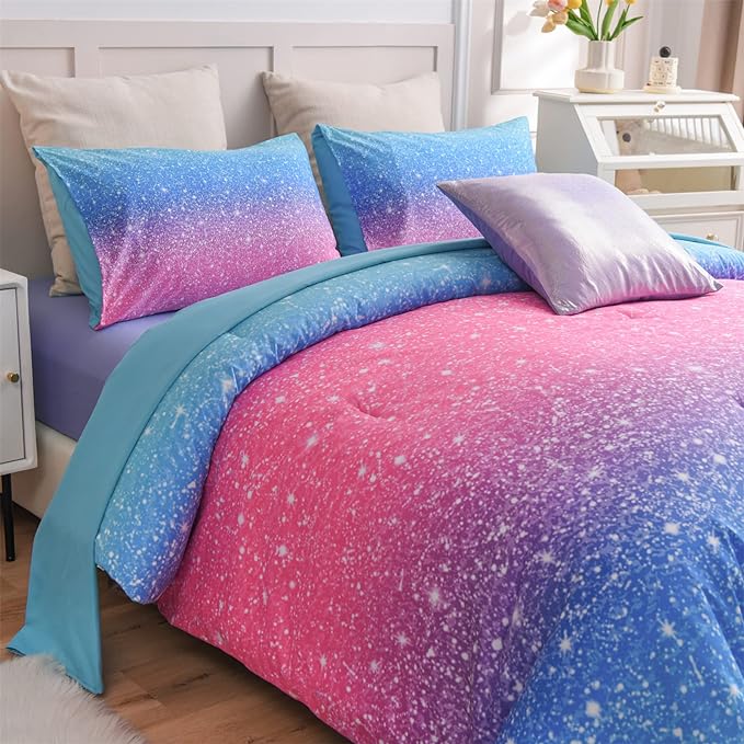 A Nice Night 6Pcs Gradient Glitter Bedding Set for Girls Queen Size, Colorful Rainbow Galaxy Comforter Set, Ultra Soft Bedding Sets, Blue
