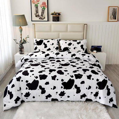 SDY 3 Pieces Milk Cow Print Stuff Bedding Comforter Set Full with 2 Pillowcases for Kids Teens Girls Women, Microfiber, Easy Wash, Light Breathable Cozy White Base Cute Milk Cow Pattern, Full Size…