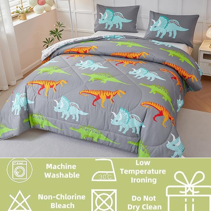 RYNGHIPY Dinosaur Kids Comforter Set Cartoon Dinosaur Bedding Sets for Boys 3 Pieces Full Microfiber Comforter with Pillowcases Soft Lightweight (Dark Grey,Full)
