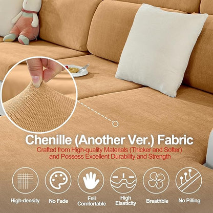 Sectional Couch Covers for L Shaped Sectional Sofa (Left or Right Facing) – Softer Chenille Sofa Covers Washable, Non-Slip Stretch Chaise Slipcover (Only 1PC Chaise Cushion Cover, Khaki)