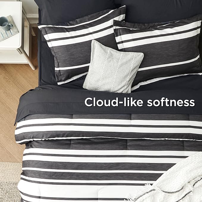 Bedsure Bed in a Bag Twin Size 5 Pieces, Black White Striped Bedding Comforter Sets All Season Bed Set with 1 Pillow Sham, Flat Sheet, Fitted Sheet and 1 Pillowcase