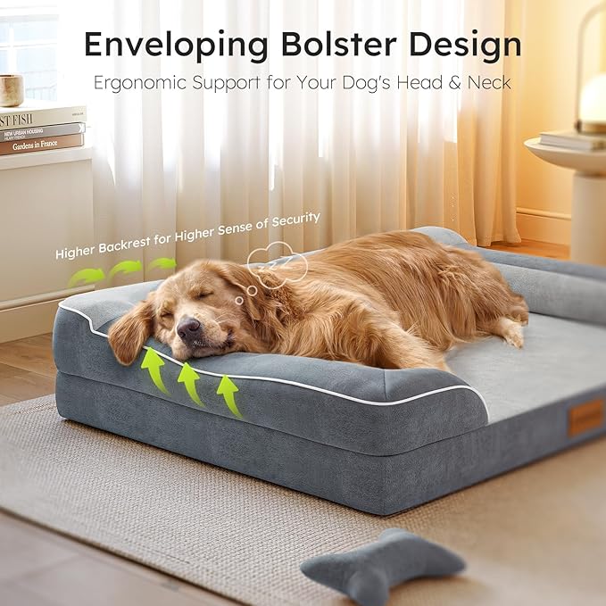 Extra Large Dog Bed, Orthopedic Dog Bed with Cooling Gel Memory Foam, Waterproof XL Dog Bed with Removable Washable Cover, 42" Dog Sofa Couch Dutch Velvet with Bone Toy, Dark Gray
