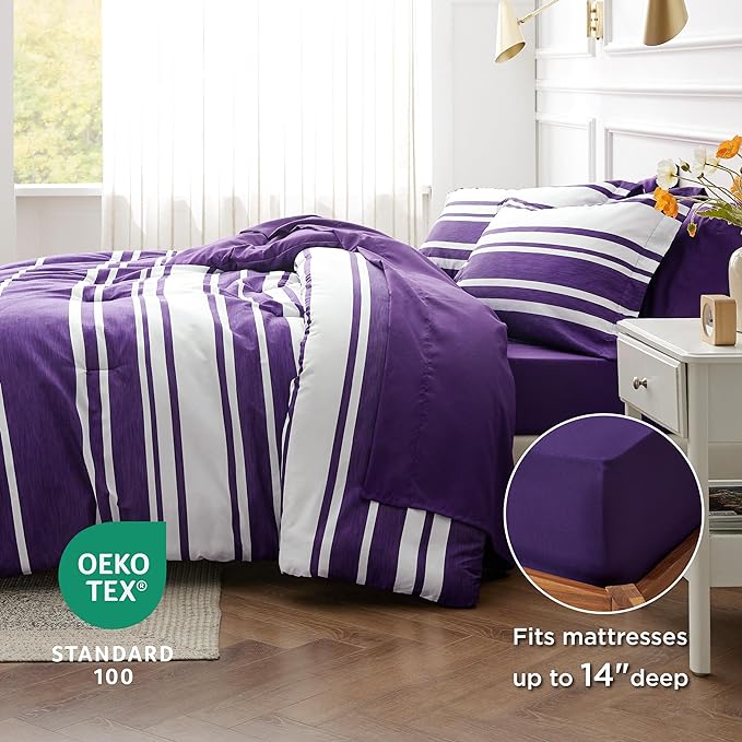 Bedsure Bed in a Bag Queen Size 7-Piece Purple White Striped Bedding Comforter Sets All Season Bed Set, 2 Pillow Shams, Flat Sheet, Fitted Sheet and 2 Pillowcases