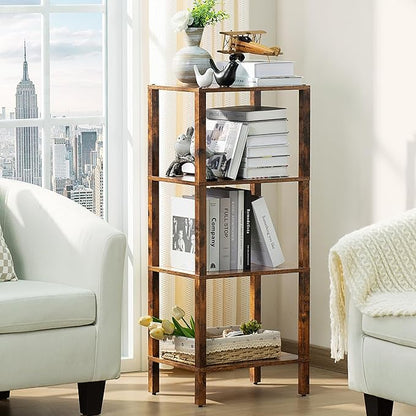 4 Tier Tall Wooden Bookshelf with Storage, Narrow Bookcase for Small Space, Small Book Shelf for Living Room, Office, Bedroom, Kitchen, Industrial, Rustic Brown
