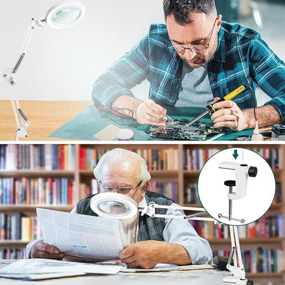 Magnifying Glass with Light and Clamp, 10X Real Glass Magnifier with Light, 3 Color Modes Stepless Dimmable Lighted Magnifying Glass, Magnifying Lamp for Repair Crafts Close Work- WHITE
