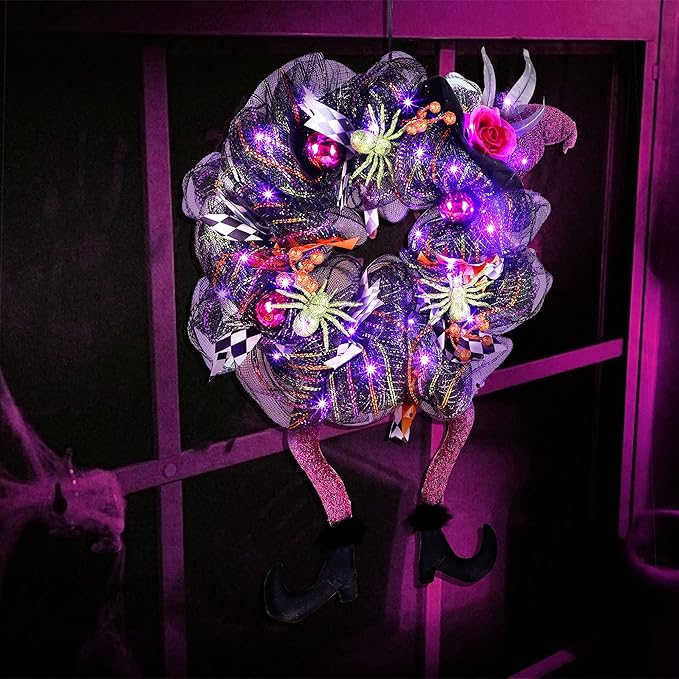 Lulu Home Halloween Front Door Wreath, Purple LED Lighted Witch Hat Wreath, Battery Operated, NOT PRELIT