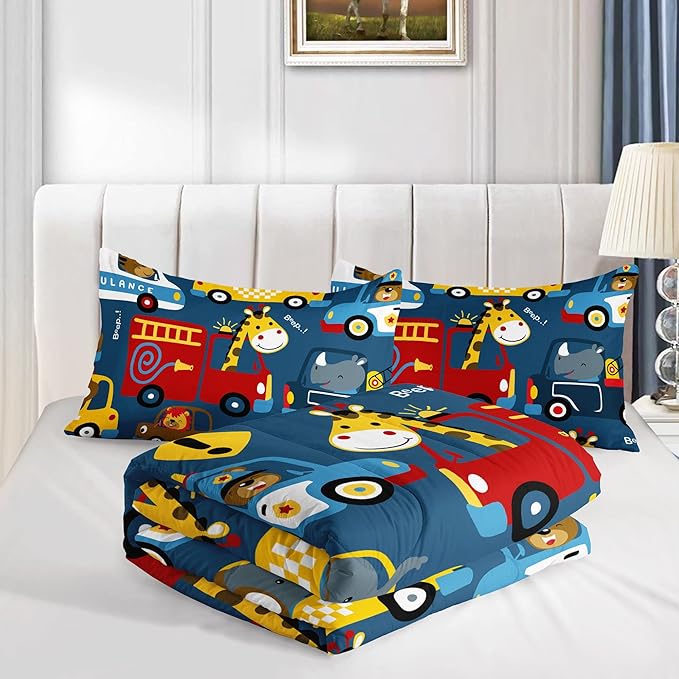 Datura home Kids Cartoon Car Comforter Set for Boys Kids Children,Transportation Car Police Car Kawaii Animals Printed Bedding Set with 1 Comforter and 2 Pillowcases(Cartoon Car Full)