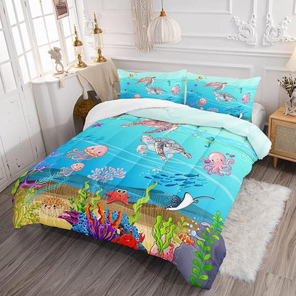 Turtle Comforter Set Queen Ocean Watercolor Sea Turtle Bedding Set Tropical Fish Marine Life Bed Set with 2 Pillowcases for Kids Room Decor