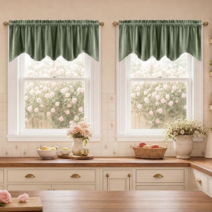 Velvet Window Valance 52x18 Inch 4-Panel Set | Soft Wavy Sage Green Kitchen Curtains for Windows, Luxury Fabric Aesthetic Window Treatment for Bay Window, Living Room