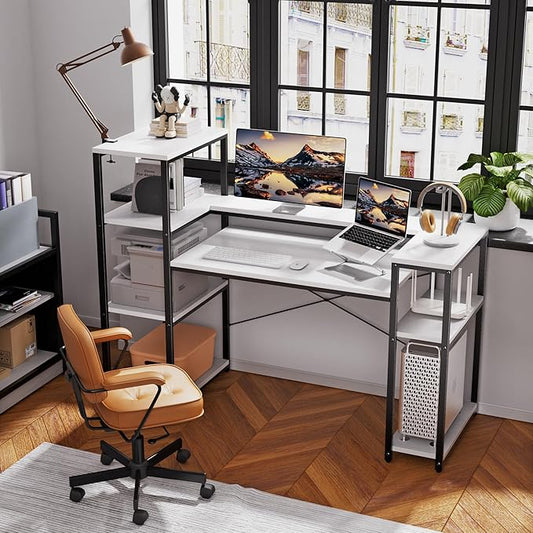63-Inch Computer Desk with Printer Shelf, Teen Desk, Home Office Desk with Monitor Stand and Bookshelf for Study, Writing, PC Work, Gaming